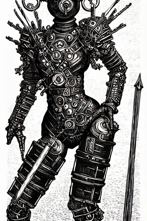 Image similar to beyonce, clockwork warforged, as a d & d monster, full body, pen - and - ink illustration, etching, by russ nicholson, david a trampier, larry elmore, 1 9 8 1, hq scan, intricate details, inside stylized border
