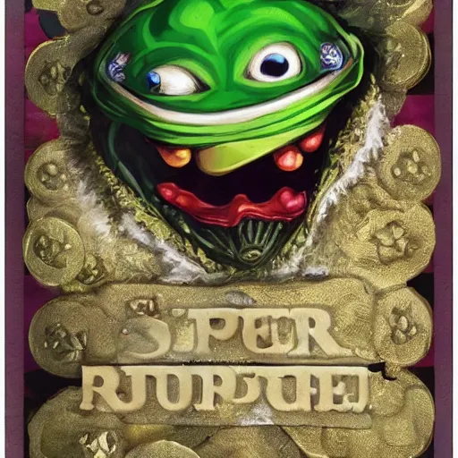 Image similar to super rich happy pepe, coins, gold, crystals, greg rutkowski