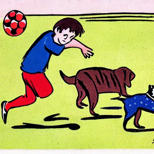 Image similar to illustration of french boy on the streets of paris playing football against a corgi, the dog is wearing a polka dot scarf, comic, 1 9 6 6