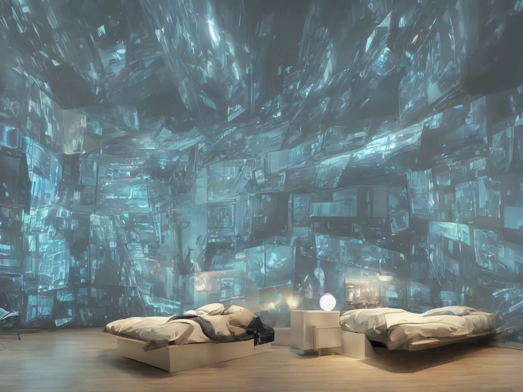 Image similar to bedroom with curved translucent screens projecting detailed sci - fi art ( 2 0 4 2 ), pixel perfect photograph, high contrast, volumetric lighting, thin glowing lights, chair, users, pair of keys