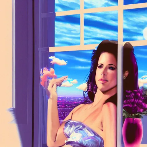 Prompt: a highly detailed and realistic concept art of Kelly Monaco in a vaporwave artwork composition, windows 95 elements,