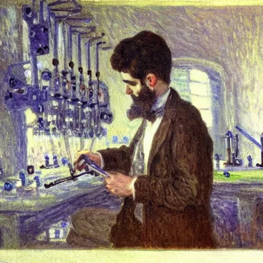 Prompt: a young man with brown hair and short beard building a robot in his lab in berlin by monet