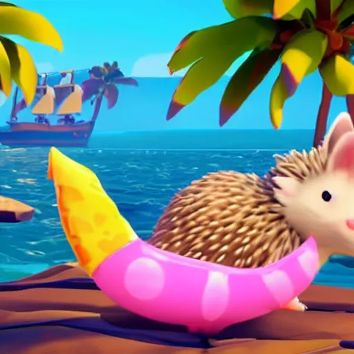 Image similar to hedgehog in a bikini in sea of thieves, hedgehog wearing a bikini, cute, colourful, happy, adorable, funny