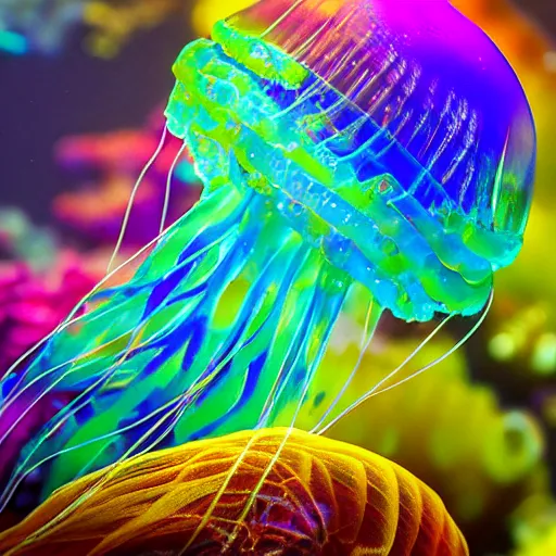 Prompt: realistic hd professional photo of colorful jellyfish creature in underwater mystical world 4 k