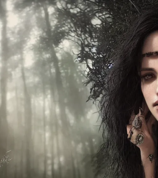 Prompt: 5 5 mm close up portrait photo of anya chalotra as yennefer of vengerberg in black leather armor and long black fluff hair, in a forest. magical atmosphere. art by greg rutkowski. lifelike. very detailed 8 k. intricate. soft light. nikon d 8 5 0.