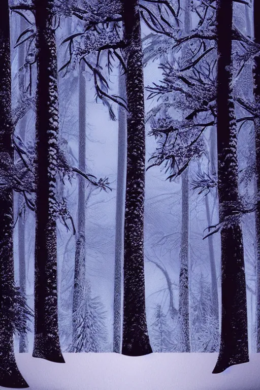 Prompt: beautiful dark evil forest at night with very tall pine trees and snow, snowing and wind. Digital Matte Illustration by Lisa Frank and thomas kinkae