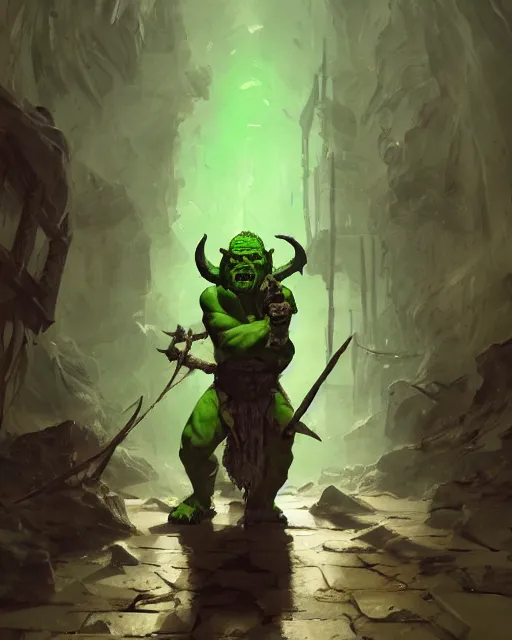 Image similar to a midget green orc with horns orc holding a barbed club standing in a dungeon. atmospheric lighting, 8 k. by makoto shinkai, stanley artgerm lau, wlop, rossdraws, james jean, andrei riabovitchev, marc simonetti, krenz cushart, sakimichan, d & d trending on artstation, digital art.