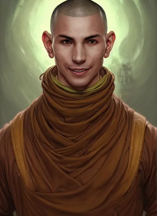 Prompt: portrait of a male monk, looking at camera, D&D, leather armor, very short buzzcut hair, intricate, elegant, stylish, cute smile, fantasy, extremely detailed, digital painting, artstation, concept art, smooth, sharp focus, illustration, ambient lighting, art by artgerm and greg rutkowski and alphonse mucha and simon stalenhag