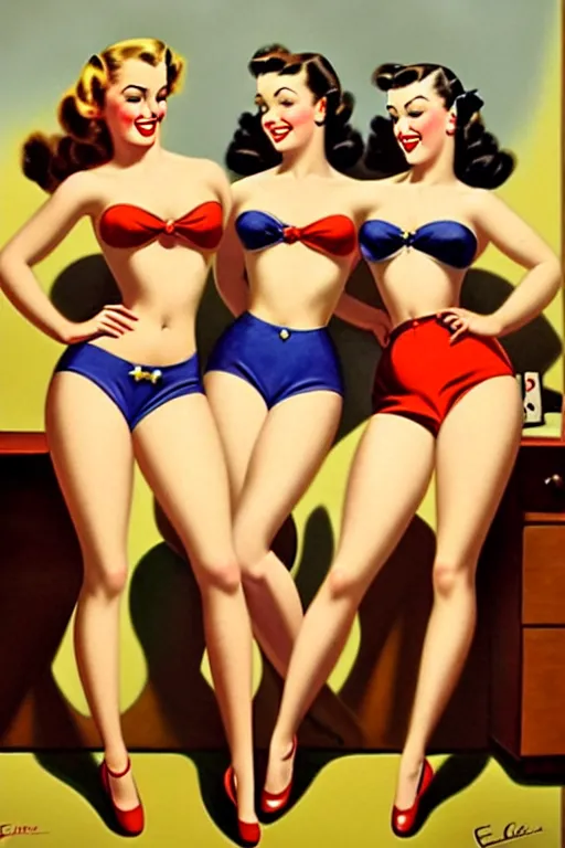Image similar to 1940s group of pinup bikini girls in the office, oil painting, by Gil Elvgren