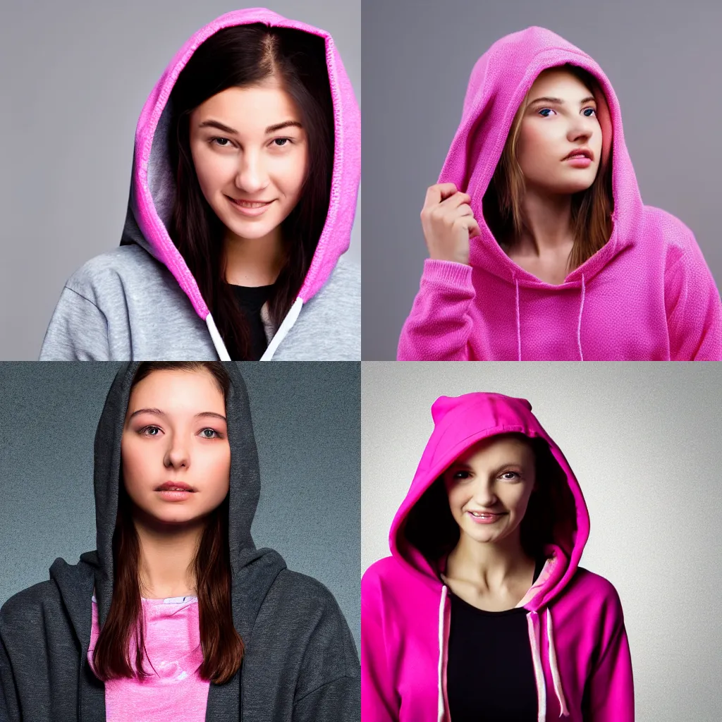 Prompt: young woman in pink hoodie, studio photo, close up