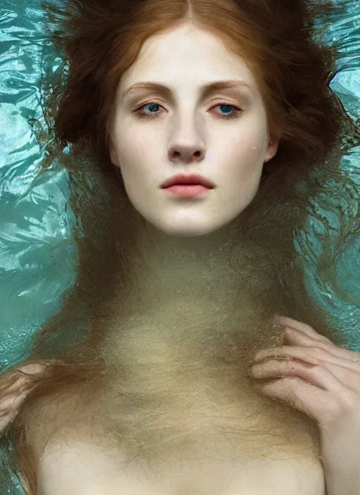 Image similar to Kodak Portra 400, 8K,ARTSTATION, Caroline Gariba, soft light, volumetric lighting, highly detailed, britt marling style 3/4 , extreme Close-up portrait photography of a beautiful woman how pre-Raphaelites with her eyes closed,inspired by Ophelia paint, the face emerges from water of Pamukkale, underwater face, hair are intricate with highly detailed realistic beautiful flowers , Realistic, Refined, Highly Detailed, interstellar outdoor soft pastel lighting colors scheme, outdoor fine art photography, Hyper realistic, photo realistic