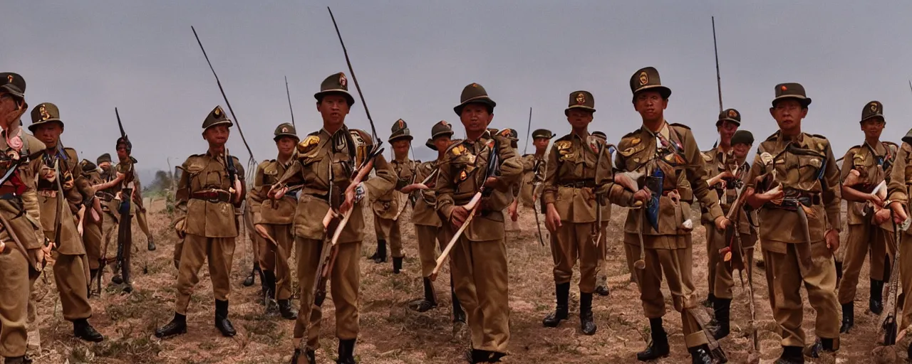 Prompt: a brigade of gurkhas pose valiantly after a well - foughtt victory, small details, intricate, 5 0 mm, cinematic lighting, photography, wes anderson, film, kodachrome