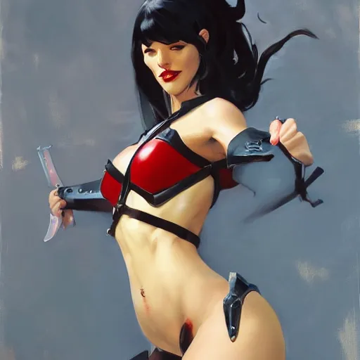 Prompt: greg manchess portrait painting of partially armored vampirella as overwatch character, medium shot, asymmetrical, profile picture, organic painting, sunny day, matte painting, bold shapes, hard edges, street art, trending on artstation, by huang guangjian and gil elvgren and sachin teng