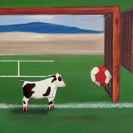 Prompt: A cow playing football with one shoe in Malibu, realism art