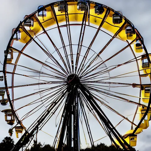 Image similar to an old abandoned rusty ferris wheel, in a town filled with pale yellow mist. Dystopian. Award-winning colored photo. OM system 12–40mm PRO II 40mm, 1/100 sec, f/2 8, ISO 800