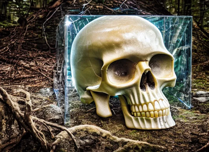 Prompt: crystal skull inside a glass box On a pedestal in ancient ruins in the forest. Fantasy horror style. Highly detailed 8k. Intricate. Nikon d850 55mm. Award winning photography.