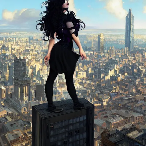 Image similar to a giantess attractive goth girl standing over a modern city, cute, intricate, highly detailed, digital painting, artstation, concept art, smooth, sharp focus, illustration, unreal engine 5, 8 k, art by artgerm and greg rutkowski and alphonse mucha