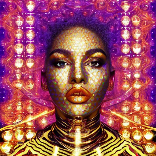 Image similar to hyperdetailed masterpiece portrait of a glossy golden metallic statue of a woman head covered in colorful glowing hexagons and chakras, symmetrical, in the style of virgil abloh, offwhite, heron prestorn, denoise, vogue, paris, fashion, halluzinogene, highly detailed, realistic, hyperreal, 8 k, 4 k, render