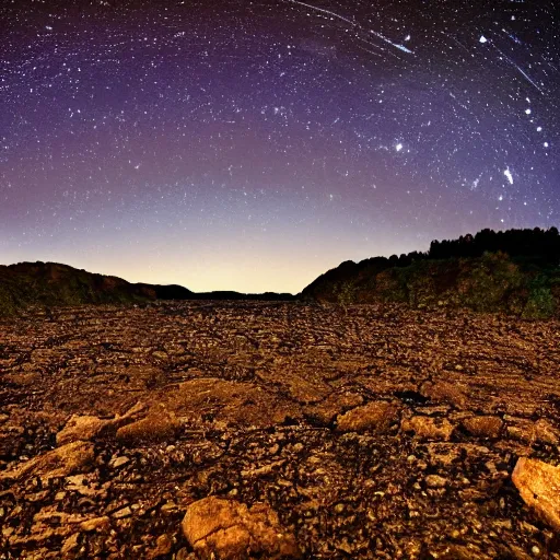 Image similar to beautiful landscape at night with andromeda galaxy clearly visible in the sky, highly detailed, sharp focus