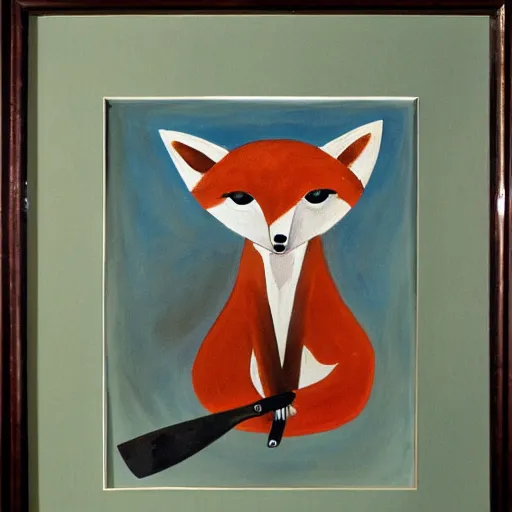 Prompt: painting of fox holding a knife with its mouth