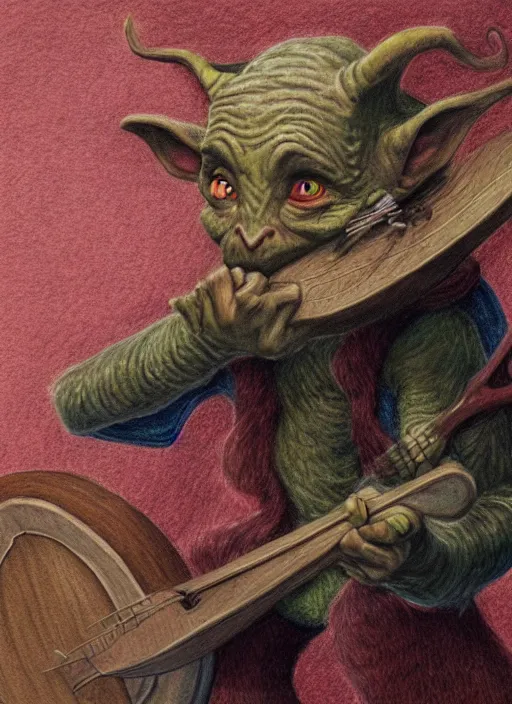 Image similar to detailed coloured pencil portrait of a goblin bard holding a lute, d & d, highly detailed, concept art, dramatic lighting