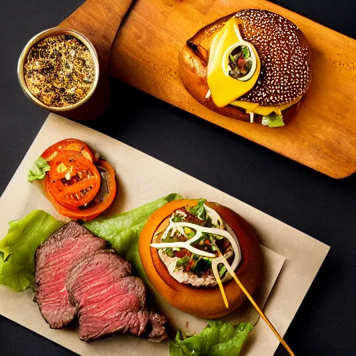 Prompt: high - quality studio advertising photography of delicious mouthwatering cheeseburger with a small sizzling seasoned steak next to it, rembrandt, lighting, spot lighting, hdr, 4 k