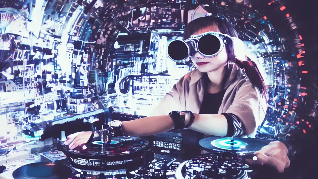 Image similar to an asian woman wearing goggles and visor and headphones using an intricate clockwork record player turntable contraption, robot arms, turntablism dj scratching, intricate planetary gears, smoky atmosphere, cinematic, sharp focus, led light strips, bokeh, iridescent, black light, fog machine, hazy, lasers, spotlights, motion blur, color