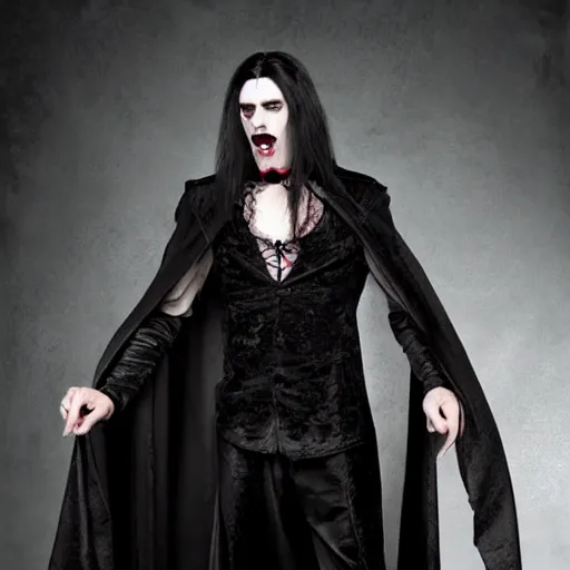 Image similar to a vampire, male, late - 4 0 s aged, long, slicked black hair, clean shaven, wearing a cape, regal, royal, grim facial expression, high fantasy, full color digital art, cinematic shot, full body shot.