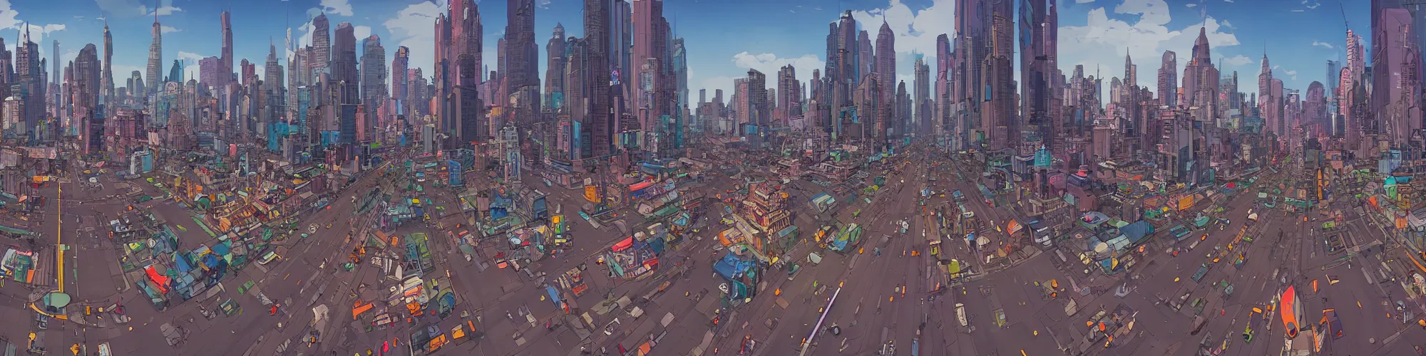 Image similar to panorama view of a city at street level, no cars. sharp focus, cinematic pose, cinematic lighting, unreal engine render. art by josan gonzales and moebius and deathburger.