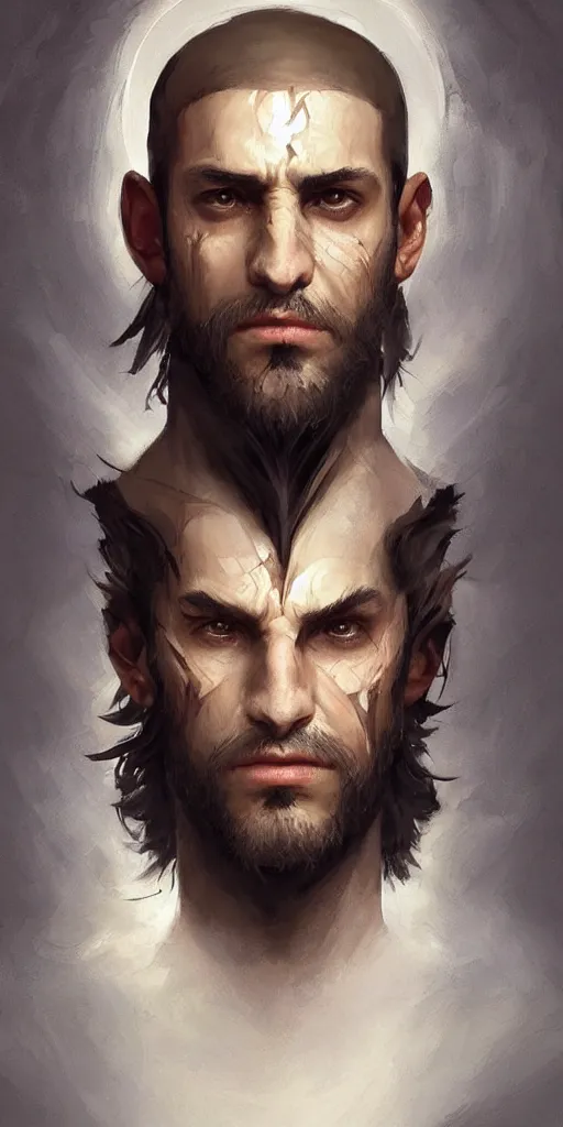 Image similar to a professional full portrait painting of a handsome young wizard olive skin, buzzed short dark hair, beautiful bone structure, symmetrical facial features, casting an evil spell, a floating glowing spellbook, , intricate, elegant, digital painting, concept art, smooth, sharp focus, illustration, from Metal Gear, by Ruan Jia and Mandy Jurgens and Artgerm and William-Adolphe Bouguereau