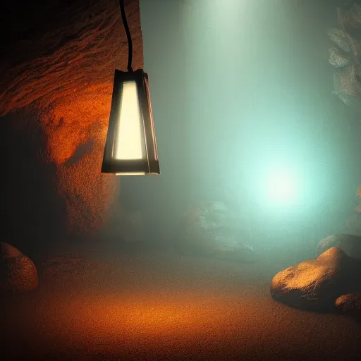 Prompt: japanese lamp inside a cave, photorealistic rendering, atmospheric light, octane, redshift