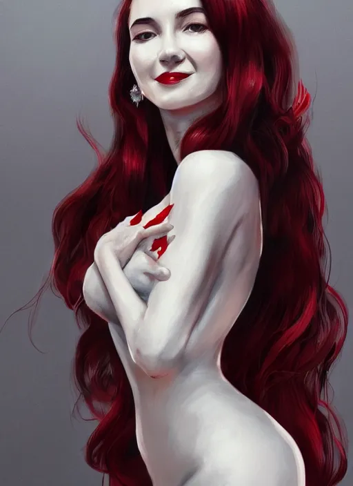 Image similar to a highly detailed illustration of beautiful long black hair white woman wearing a red dress, dramatic smile pose, intricate, elegant, highly detailed, centered, digital painting, artstation, concept art, smooth, sharp focus, league of legends concept art, WLOP