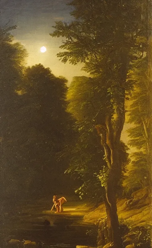 Prompt: classical painting of a man standing in the forest by a creek, moonlight night, beautiful lighting