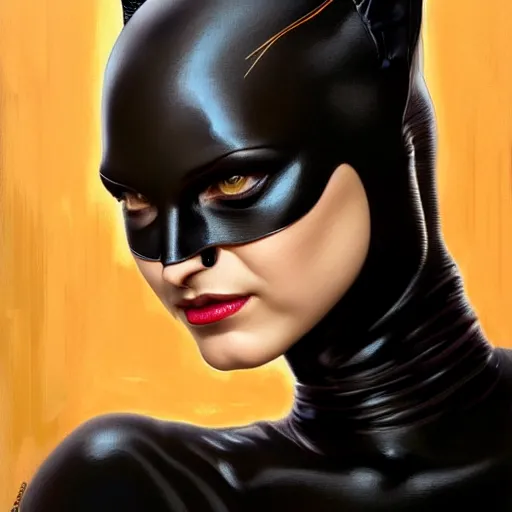 Image similar to symmetry!! front - faced portrait of catwoman, intricate, elegant, highly detailed, my rendition, digital painting, artstation, concept art, smooth, sharp focus, illustration, art by artgerm and greg rutkowski and alphonse mucha