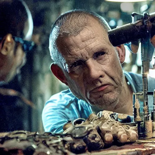 Image similar to inspecting intricate gun made from rusted cutlery, balding older cyborg with jeweller's loupe for eyes, with orange led light, smoking soldering iron, dark messy cluttered workshop, dark, dramatic lighting, cinematic, highly detailed, sci - fi, futuristic, movie still from blade runner