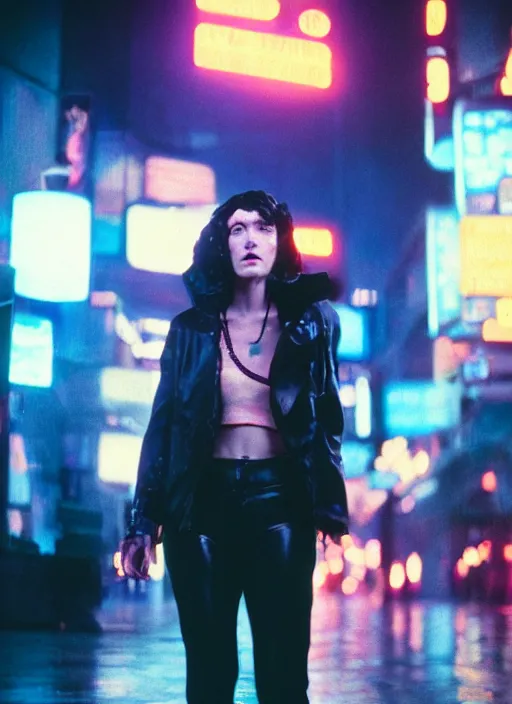 Image similar to A hyper realistic and detailed head portrait photography of a Rachael of Blade Runner on a futuristic street. by Cameron Hammond. Neo noir style. Cinematic. neon lights glow in the background. Cinestill 800T film. Lens flare. Helios 44m