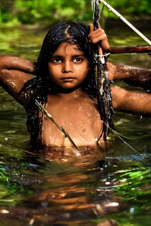 Image similar to a professional portrait photo of a sri lankan jungle girl, submerged in water, black hair, hunter, with bow and arrow, extremely high fidelity, natural lighting.