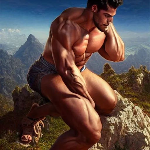 Image similar to ultra realistic illustration, a very tall and muscular gigachad flexing on top of a mountain, zyzz pose, intricate, elegant, highly detailed, digital painting, artstation, concept art, smooth, sharp focus, illustration, art by artgerm and greg rutkowski and alphonse mucha