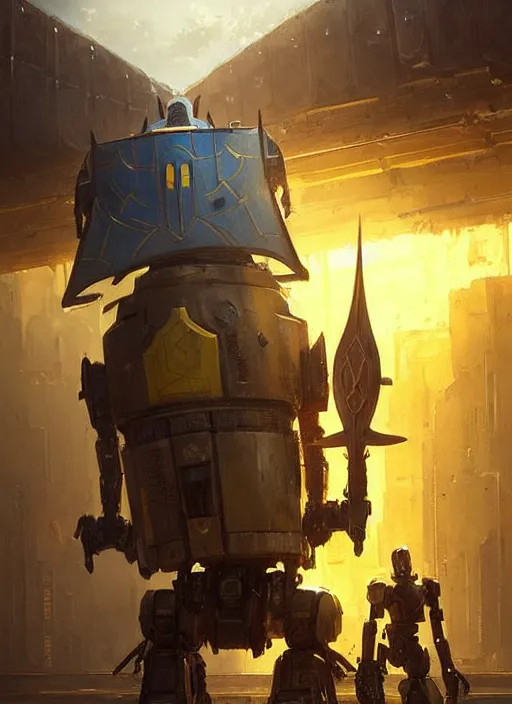 Image similar to tall strong intricate yellow pit droid holding large paladin medieval shield!!! and a long medieval engraved powerful great sword, pancake short large head painterly humanoid mecha, beautiful fantasy background by Greg Rutkowski