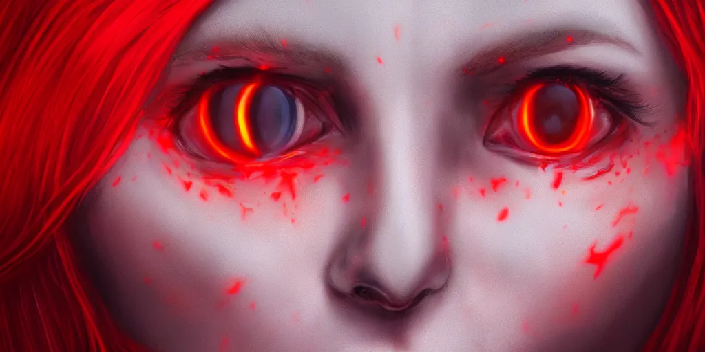 Image similar to realistic portrait of a witch woman with glowing red eyes, detailed, ultra realistic, 8 k