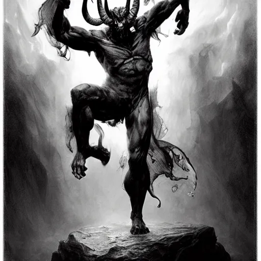 Image similar to full body, grayscale, Gustave Dore, greg rutkowski, muscled humanoid balrog demon, horns, claws, large horned tail, heroic pose, swirling flames