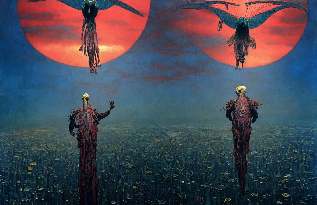 Image similar to realistic detailed portrait movie shot of a birdman flying in dark ragged robes, futuristic city sunset landscape background by denis villeneuve, amano, yves tanguy, alphonse mucha, ernst haeckel, max ernst, wayne barlowe, masterpiece, rich moody colours, bird head, blue eyes, hyperdetailed