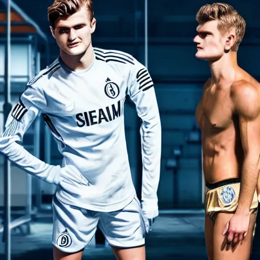 Image similar to a realistic detailed photo of a guy who is an attractive humanoid who is half robot and half humanoid, who is a male android, soccer players martin ødegaard & timo werner, shiny skin, posing like a statue, blank stare, in a factory, on display, showing off his muscles, gold soccer shorts, side view, looking at each other mindlessly