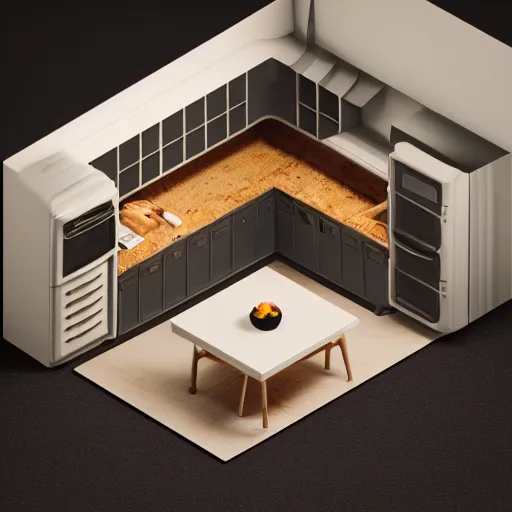 Prompt: isometric chubby kitchen, c 4 d style, 1 0 0 mm, dof, octane render, studio lighting