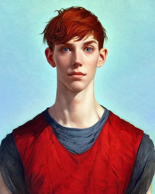 Image similar to symmetry!! portrait of tall, thin, 1 5 - year - old boy with a long nose, a lot of freckles, fiery red hair, and bright blue eyes, highly detailed, digital painting, artstation, concept art, smooth, sharp focus, illustration, art by artgerm and greg rutkowski and alphonse mucha