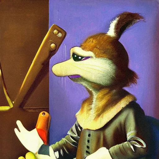 Prompt: realistic painting of chuck e. cheese, in the style of johannes vermeer