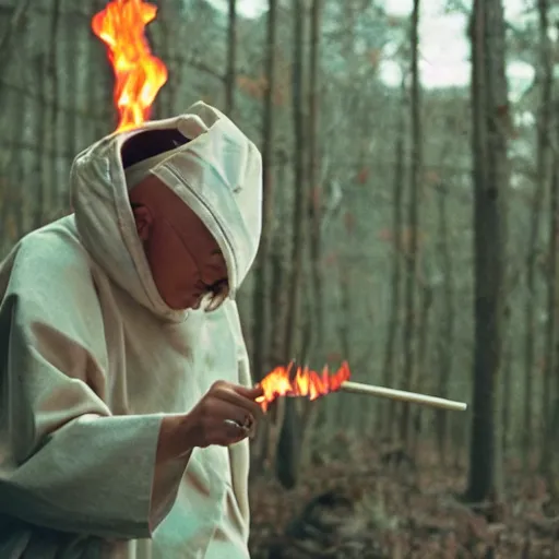 Prompt: cinematic film still of rapper DDG starring as a Japanese Sensei with fire, Japanese CGI, VFX, 2003, 40mm lens, shallow depth of field, film photography