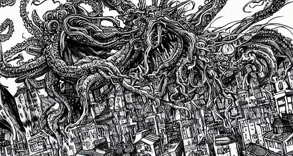 Prompt: cthulhu attacking a detailed cityscape, horror, lovecraftian, in the style of junji ito, lineart, manga, shirow masamune