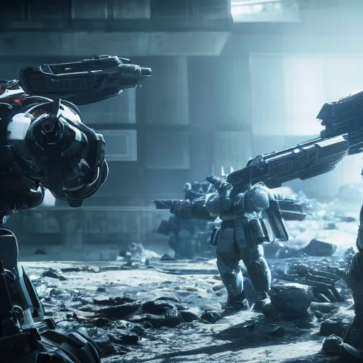 Image similar to gundam in gears of war battlefield 5, splash art, movie still, cinematic lighting, ray tracing, octane render, long lens, shallow depth of field, bokeh, anamorphic lens flare, 8 k, hyper detailed, 3 5 mm film grain