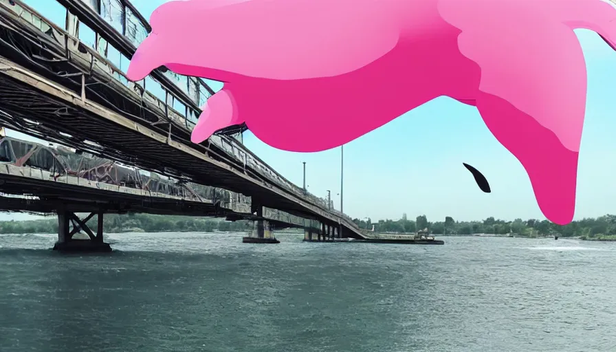 Image similar to a giant pink whale falling out of a blue sky onto cars on a busy bridge